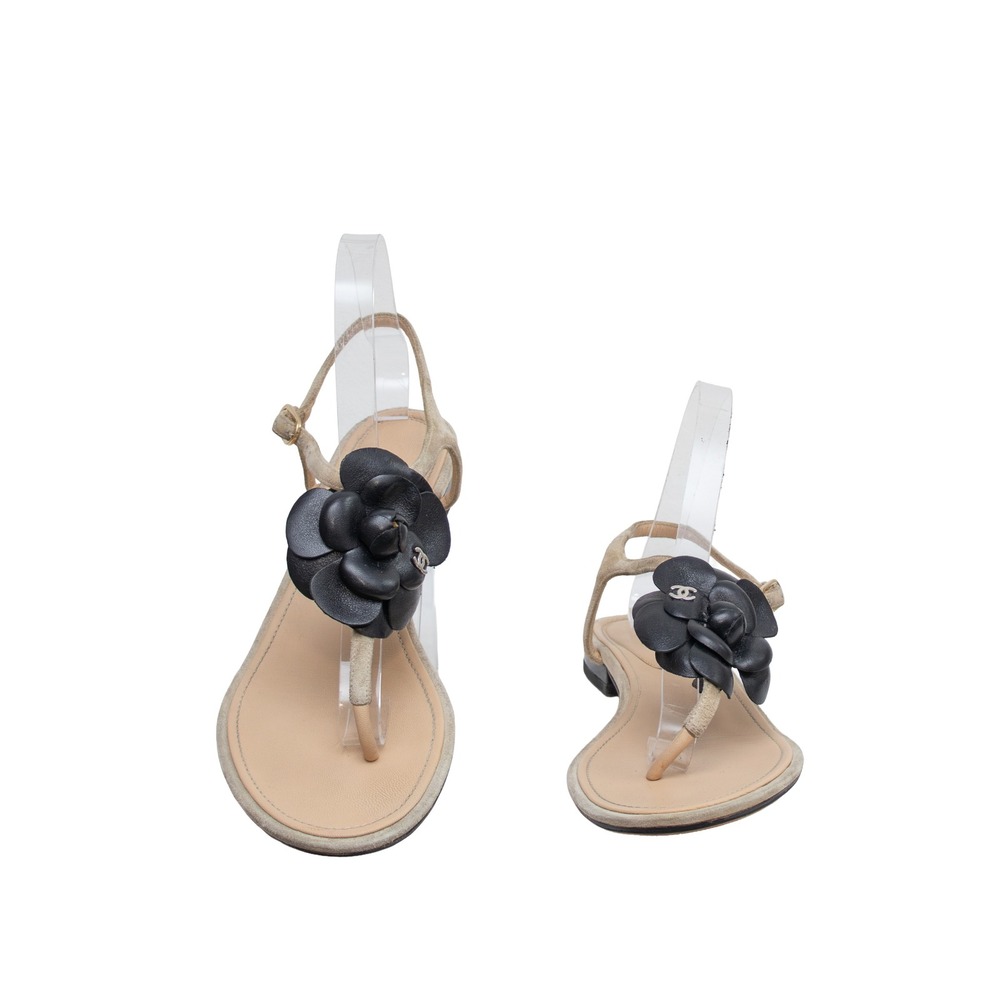 Chanel Camellia Flower Thong Sandals Beige Suede Black Leather CC EU 39.5